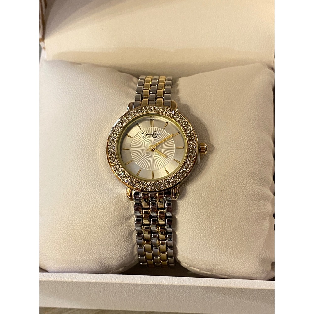 Jessica Simpson Womens Two-Tone Crystal Bezel Watch Silver Gold